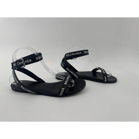 Balenciaga Shoes - Authentic Balenciaga Logo Print Ankle Strap Sandal Black White Size 38.5